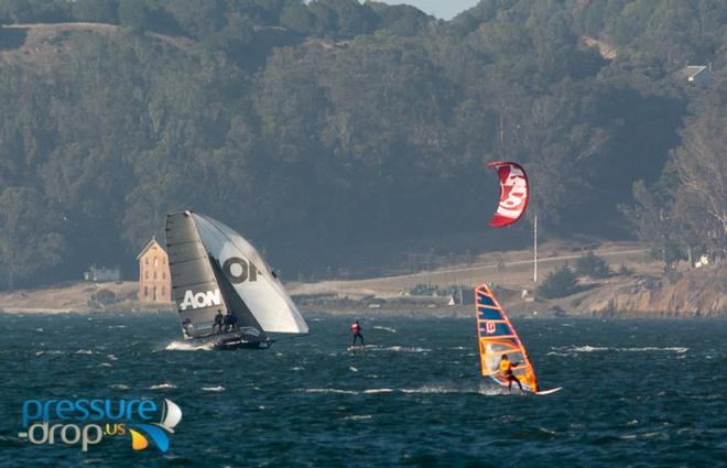 Race from Golden Gate Bridge downhill to the SF/ Oakland Bay Bridge - 2015 Ronstan Bridge © pressure-drop.us